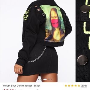 Fashion Nova Black Graphic Jean Jacket